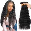 HeioWuio Lot di 3 extension di capelli umani - 66 - 71 - 76 cm - #1B - Colore nero naturale - Onde profonde - 300 g in totale