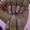 Kaiperala 24 unghie finte a punta francese, corte, a mandorla, con bordo bianco, rosa nude, con fiocco 3D, glitter, paillettes, marmo, colla rimovibile su acrilico, accessori per unghie finte per donne e