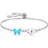 Yumioxa Braccialetti a forma di farfalla con lettere iniziali dalla A alla Z, regalo da donna, gioielli in argento per lei, gioielli con farfalla blu, braccialetti regalo di compleanno, 1.8cm, Acciaio