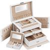 SONGMICS Scatola Portagioie a 3 livelli, Porta Gioielli con 2 Cassetti, con Mini Box Portatile da Viaggio, Maniglia, Chiusura, Idea Regalo, PU Bianco Nuvola, Fodera Beige Sabbia JBC121W.