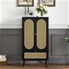 Merax Credenza - Cassettiera con 2 ante e 1 cassetto, elegante design in rattan, nero, con piedini regolabili in altezza, altezza 110 cm