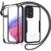 Jrkvniv Cover per Samsung Galaxy A53 5G con Cordino,360 Gradi Trasparente Custodiacon con Protezione Schermo Integrata,Bumper Rugged Custodia con Regolabile Tracolla Corda Collana per 6.5-Nero