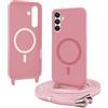 Bigcousin Magnetica Cover con Cordino per Samsung Galaxy S23 FE,[Compatibile con MagSafe], Cover in Silicone, Regolabile Cordino da Collo Nylon Catena Collana Tracolla,Rosa