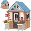 AIYAPLAY Casa per bambini all'aperto in legno, casa per bambini esterno/interno con gattiera, cucina da gioco, cassetta delle lettere, campanello, casetta e recinzione, per 2-5 anni, 165x116,5x163,5cm