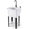 GYMAX Lavandino per Lavanderia, Lavello da Esterno ed Interno con Rubinetto Girevole a 360°, Scolapiatti, Dispenser per Sapone Liquido e Mensola Inferiore per Giardino e Camper, 50,5 x 48 x 120,5 cm