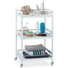 Relaxdays Carrellino da Servizio, HLP 76,5x46x38 cm, in bambù e Acciaio, Carrello a 3 Ripiani, Ruote a 360°, Bianco