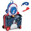 MonTravel Valigia Trolley Cavalcabile per Bambini con Asta Telescopica Poggiapiedi e Zainetto Omaggio Bagaglio a Mano Rigido 47x26,5x36,5 cm Set da Viaggio Bimbi Fantasia Spaceman