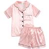 JiAmy Set pigiama in raso per ragazze a maniche corte in seta, 2 pezzi, con bottoni, con pantaloncini, abbigliamento da notte estivo per ragazze 7-14 anni, Pois viola corti, 7-8 Years
