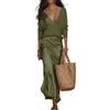 Generico Completo da Donna 2 Pezzi: Top in Maglia a Maniche Lunghe con Scollo a V e Gonna Sottoveste in Raso - Look Maxi Casual Elegante (Dark Green,S)