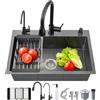 Ribanedy Lavello cucina 1 vasca multifunzionale in acciaio inox con miscelatore estraibile, dispenser di sapone, rubinetto per acqua purificata e set di accessori (Nero-grigio, 50 X 45 cm)