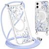 Niokfrci Cordino Cover per iPhone 12 Pro / 12 6,1'', Aesthetic Blu Fiori Motivo Disegno Magnetica Trasparente PC Compatibile con MagSafe Case Corda Laccio Antiurto Protettiva Custodia per Ragazze