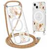 Yirlbey Cordino Cover per iPhone 14 / iPhone 13 6,1'', Aesthetic Arancione Bianco Fiori Motivo Disegno Magnetica Trasparente PC Compatibile con MagSafe Case Corda Laccio Antiurto Protettiva Custodia