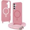 Bigcousin Magnetica Cover con Cordino per Samsung Galaxy S24 Plus,[Compatibile con MagSafe], Cover in Silicone, Regolabile Cordino da Collo Nylon Catena Collana Tracolla,Rosa