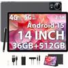 PIXGOOD 2.5K Android 15 Tablet 14 pollici, 36GB RAM+512GB ROM, 4G Lte Double SIM/5G WiFi, 2240 x 1400, 11580mAh, 4 altoparlanti, Octa-Core, 13MP+8MP, Tablet in offerta con Custodia/GPS (Grigio)