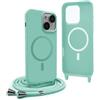 YFSYLL Magnetica Cover per iPhone 13 con Cordino,Compatibile con MagSafe,Silicone Case con Regolabile Cordino da Collo Nylon Catena Collana Tracolla - Verde menta