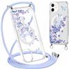 Niokfrci Cordino Cover per iPhone 12 Pro / 12 6,1'', Aesthetic Viola Fiori Butterfly Motivo Disegno Magnetica Trasparente PC Compatibile con MagSafe Case Corda Laccio Antiurto Protettiva Custodia
