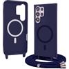 Bigcousin Magnetica Cover con Cordino per Samsung Galaxy S23 Ultra,[Compatibile con MagSafe], Cover in Silicone, Regolabile Cordino da Collo Nylon Catena Collana Tracolla,Blu