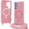 Bigcousin Magnetica Cover con Cordino per Samsung Galaxy S23 Ultra,[Compatibile con MagSafe], Cover in Silicone, Regolabile Cordino da Collo Nylon Catena Collana Tracolla,Rosa