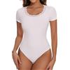 Joyshaper Body da donna a maniche corte, con scollo angolare, elegante, da donna, estivo, maglietta, Bianco/Collo a U, S