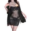 Generic Set Camicia da Notte a 3 Pezzi in Tinta Unita con Volant - Robe in Pizzo e Rete, Abito Bodycon con Spalline, Loungewear e Biancheria da Notte Sexy (Black,m)