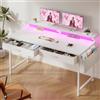 Klyvvo Scrivania con LED, 100x50cm Scrivania con 2 Cassetti, Borsa Portaoggetti, Supporto per Monitor, Reversibile Scrivania Gaming Piccola con Gancio per Cuffie per Lavoratori,Studiare,Gaming,Bianco