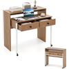 GIANTEX Scrivania per computer con piano estensibile, 100 x 63 x 88 cm, 2 cassetti e ripiano aperto, design compatto con ruote, tavolo da lavoro per camera da letto, ufficio (naturale)