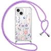 Xylota Cover per iPhone 14/iPhone 13 6,1'' con Cordino, Aesthetic Fiori Motivo Disegni Trasparente Custodia con Regolabile Tracolla Laccio Collana Case, Protettiva Custodie per iPhone 13, Viola