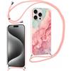ZhuoFan Custodia con Cordino per iPhone 16 Pro Max 6,9'' Morbido TPU Bumper Cover del Modello di Marmo Rosa Silicone Antiurto Protettivo Sottile Case Regolabile Cellulare Girocollo