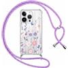 Xylota Cover per iPhone 15 Pro 6,1'' con Cordino, Aesthetic Fiori Motivo Disegni Trasparente Custodia con Regolabile Tracolla Laccio Collana Case, Silicone Protettiva Custodie per iPhone 15 Pro, Viola