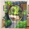 Xiaoterna Tenda da doccia del giardino giapponese 3D primavera foresta natura scenario tenda da bagno Porta d'ingresso in legno rustico cerchio verde pianta sole Tenda da doccia lavabile 240x180cm