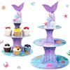 QIFU Alzata per cupcake a 3 ripiani a forma di sirena, 2 pezzi, decorazioni per feste di compleanno a tema sottomarino, per torte, dessert, per ragazze e bambini, in spiaggia, per baby shower, bomboniere
