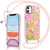 Krdvekm Cover per iPhone 11 6,1'' con Cordino, Aesthetic Fiori Motivo Disegno Rosa Silicone Case Corda con Regolabile Laccio Antiurto Antigraffio Bumper Protezione Custodia per Ragazze