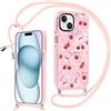 Krdvekm Cover per iPhone 15 6,1'' con Cordino, Aesthetic Fiocco Cherry Motivo Disegno Rosa Silicone Ragazze Case Corda con Regolabile Laccio Antiurto Antigraffio Bumper Protezione Custodia