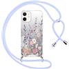 Saqmkil Cover per iPhone 12/iPhone 12 Pro con Cordino, Aesthetic Specchio Lucido Disegni Custodia con Regolabile Laccio Tracolla, Protettiva Case con Cellulare Collana per iPhone 12 Pro 6,1 Fiori 03