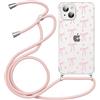 Yirlbey Cover per iPhone 15 6,1 Pollici con Cordino, Custodia Trasparente con Fiocco e Cuore Rosa Disegni Aesthetic Laccio Tracolla Corda, Protective Case Rigida Collana Antiurto Sottile per Ragazza