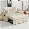 Azkoeesy Divano Letto Estensibile a 2 Posti 137 cm, con 2 portabicchieri, 2 cuscini, schienale regolabile su 3 livelli, tasca laterale per riviste e controller, rivestimento in velluto, beige