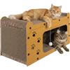 Purlov Casetta tiragraffi per gatti 3 in 1 a 2 livelli, HDF e cartone ondulato extra resistente, area per sdraiarsi + superficie per graffiare + gioco, stabile e antiscivolo, per 1-2 gatti
