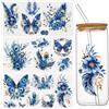 WANDIC 3 Fogli di Piume di Pavone Adesivi per Album di Ritagli, Fiori e Farfalle, Adesivi per mobili, Fiori Blu e Oro, Decalcomanie per finestre e Uccelli, da strofinare ai Raggi UV, per lavori