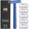Henson Shaving Razor - Steel Blue Double Edge Safety Razor with 5 Spare Blades