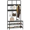 HOMCOM Appendiabiti da Ingresso 3 in 1 con Scarpiera, Attaccapanni Stile Industriale con Panca, 6 Ganci e 2 Ripiani Porta Scarpe, 91x36x180 cm, Nero