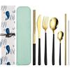 QLFJ-FurDec Set 9 Pezzi di Posate Portatili con Custodia, QLFJ-FurDec Utensili da Viaggio Riutilizzabili in Acciaio Inossidabile con Coltello, Forchetta, Cucchiaio, Bacchette, Spazzole, Cannucce, Custodia
