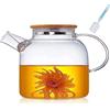 NEEMOSI Teiera con colino, 1500 ml, in vetro con coperchio in legno, resistente al calore, con filtro rimovibile, design moderno ed elegante per tè, tè e succo di fiori