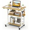 Huracan Tavolino con ruote, regolabile in altezza, 60 x 40 x 56-82 cm, design a 3 livelli, struttura in acciaio a forma di H, tavolo mobile per laptop e tavolo da toeletta, con ruote bloccabili, noce
