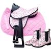 Brama West Set di sella Shetty per bambini My Happy Pony con stivali da equitazione abbinati, sella in legno con coprisella, cinghia e staffa, motivo floreale rosa (sella flower/coperta rosa, 35)