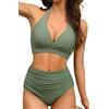 Amy Babe Costume da bagno push-up con scollo a V e scollo a V, imbottito, vita alta, fondo increspato, due pezzi, costume da bagno per le donne, Oliva, M