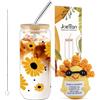 Joeyan Bicchiere in Vetro Girasole Tumbler 600ml con Coperchio e Cannuccia