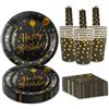 BOKFJBP Set di 80 stoviglie per feste di compleanno, in oro nero, riutilizzabili, per bambini, piatti, tovaglioli, tazze, cannucce per baby shower, matrimoni, decorazioni per ragazzi e ragazze, 16