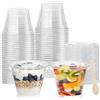 LATERN 50 Pezzi Bicchieri da Dessert in Plastica con Coperchi, 270ml Rotonde Tazze da Dessert Coppa Trasparente per Antipasti Parfait Ciotola da Portata Riutilizzabile con Cucchiai di Legno per Feste