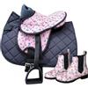 Brama West Set di sella Shetty per bambini My Happy Pony con stivali da equitazione abbinati, sella in legno con coprisella, cinghia e staffa, motivo floreale rosa (selflower/coperta nera, 33)