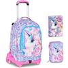 PRESTIGE & DELUXE Trolley Scuola Jack 8 Ruote staccabile Fable Journey unicorno, 3 in 1 per Scuola Elementare Bambina + Astuccio 3 zip con cancelleria + Diario 2026/2027 + 7 penne cancellabili e portachiave pailettes